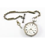 A Chester hallmarked silver English lever pocketwatch together with a non-silver chain. Understood
