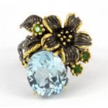 A Hana Maae designer 925 silver gilt ring set with a large Swiss blue topaz and chrome diopside, (