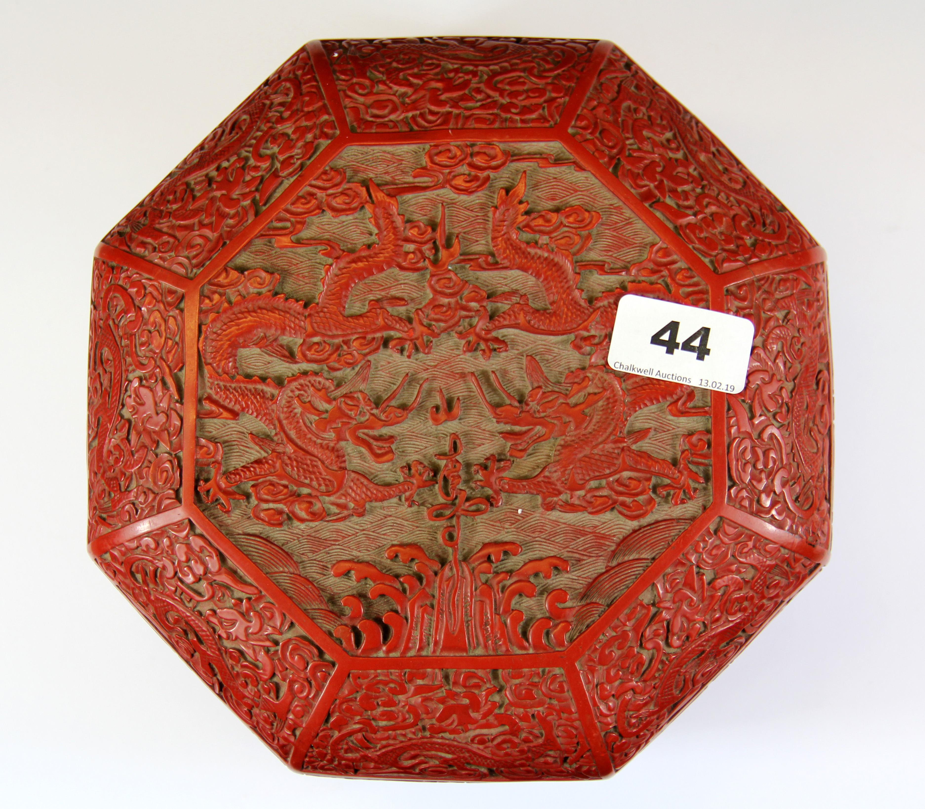 An octagonal Chinese cinnabar lacquer box, 21 x 13cm. - Image 2 of 3