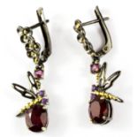 A pair of 925 silver gilt ruby, amethyst and tourmaline set drop earrings, L. 4cm.