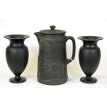 A pair of Wedgwood black basalt vases and Wedgwood black basalt jug and cover, vase H. 14cm.