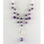 A 925 silver briolette cut amethyst set necklace, L. 28cm.