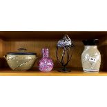 A Studio pottery vase and tureen with two glass items.