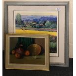 A framed oil on canvas still life, 42 x 34cm, signed Lacsiny, together with a framed print signed