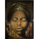 A mixed media painting on canvas of a young African woman, unframed size. 60 x 79cm.