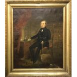 A 19th Century gilt framed oil on canvas portrait of a gentlemen in his library, framed size 64 x