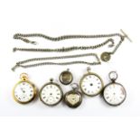 Four gents pocket watches, a ladies pocket watch and chains.