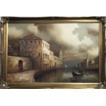 A gilt framed oil on canvas of a Venice canal scene, framed size 85 x 59cm, signed I. Costello.