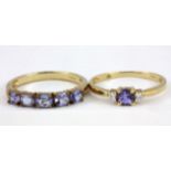 A 9ct yellow gold tanzanite and diamond set ring and a further tanzanite set ring, (N.5).