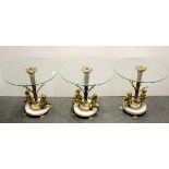Three glass topped gilt cherub and marble side tables, Dia. 50cm, H. 50cm.