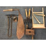 A Victorian glass washboard with laundry tongs, pole plane, triple hedge trimmer, a military flex