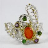 A Hana Maae designer 925 silver gilt ring set with carnelian, amethyst and chrome diopside, (Q).