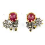 A pair of Hana Maae 925 silver gilt earrings set with cabochon cut rubies, L. 2.5cm.