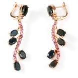 A pair of 925 silver rose gold gilt black opal and tourmaline set drop earings, L. 4.5cm.