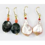 Two pairs of yellow metal earrings, set with moss agate and pearls.