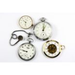 Three pocket watches and a wrist watch.