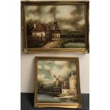 Two gilt framed oils on canvas of windmill scenes,framed sizes 84 x 58cm 57 x 47cm.