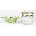 A hallmarked silver salt with uranium glass lining and a silver topped dressing table pot.