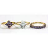 Two 9ct yellow gold tanzanite set rings and a gold stone set ring, (N.5).