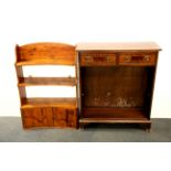 A pine kitchen cabinet, H. 91cm together with a mahogany veneered bookcase.