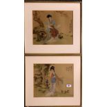 A pair of gilt framed Chinese watercolours on silk of Tang Dynasty ladies, framed size: 50 x 45cm.