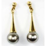 A pair of 14ct yellow gold black Tahitian pearl set drop earrings, L. 3cm.