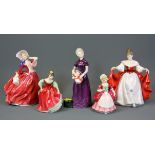 Five Royal Doulton lady and girl figurines.