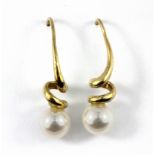 A pair of 9ct yellow gold pearl set drop earrings, L. 2.6cm.