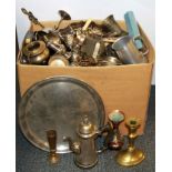 A large box of silver plate and other metalware.