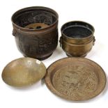 A group of mixed hammered copper and brass items including an engraved Chinese bowl, log bucket H.