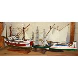 Three wooden model boats, fishing boat L. 38cm.