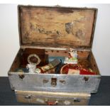 An aluminium and wood vintage trunk and case with contents, 85 x 47 x 30cm.