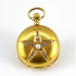 An 18ct yellow gold (stamped 750) rose cut diamond and seed pearl set lady's pocket watch, L. 3.