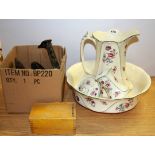 A jug and bowl set and a box of mixed items, bowl A/F.