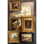 A group of six mixed pictures, including oils, a watercolour and an enhanced print.