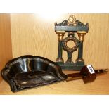 A Victorian papier mache crumb tray and ink stand with a carved wooden plaster portico pocket
