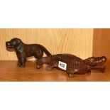 A cast iron crocodile box, L. 25cm and a cast iron dog nutcracker.