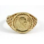 A 9ct yellow gold coin signet ring, (Q).