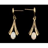 A pair of 9ct yellow gold opal set drop earrings, L. 2.6cm.