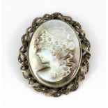 A 925 silver and marcasite brooch set with carved mother of pearl, 5 x 4.2cm.