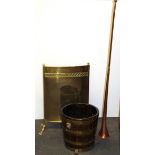 A brass fire screen, brass bound oak barrel planter and a hunting horn.