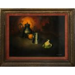A gilt framed oil on board Still Life, by Brian Coole, size 70 x 85cm.