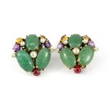 A pair of yellow metal (tested 14ct) earrings set with pearls, amethyst, agate, citrines and rubies,