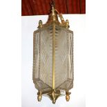 A superb Art Deco glass and silvered brass hall lantern, H. 59cm.