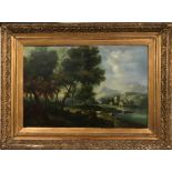 An early 19th century gilt framed oil on canvas European lakeside scene, framed size 76 x 97cm.