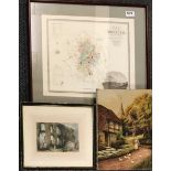 A Victorian oil painting, an engraving and a map of Bedford, map 52 x 47cm.