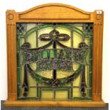 An oak framed backlit leaded glass billiard room sign, size 81 x 83cm.