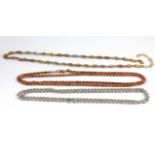 A 9ct white gold rope chain, a 9ct rose gold rope chain and a further tricolour (tested 9ct gold)