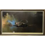 A large framed print of a Spitfire by Ventura prints 1978 after Barrie A.F.Clark, frame 111 x 64cm.