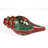 A Tibetan mosaic decorated conch shell trumpet, L. 14cm.